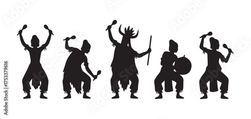Black silhouettes of five indigenous people performing a traditional ritual dance with maracas and a shield.