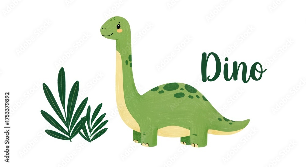 Naklejka premium Cute Green Brontosaurus Dinosaur with Tropical Leaves illustration animal prehistoric long neck herbivore reptile paleontology extinct
