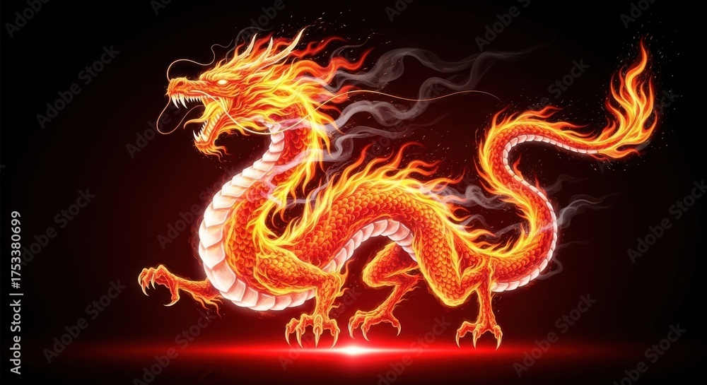 Fototapeta premium Fiery chinese dragon illustration with glowing scales