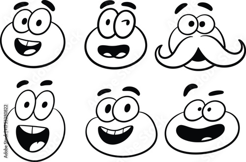 Cartoon Face Emotions Set Expressing Happiness Surprise and Mustache Design