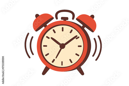 Ringing red alarm clock with twin bells and vibrating sound waves
