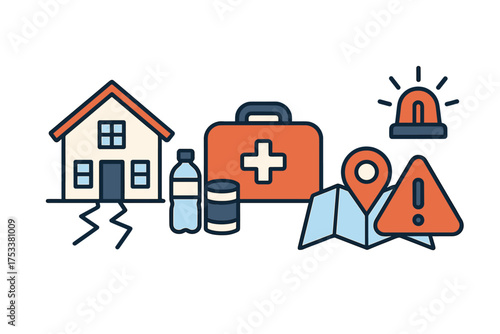 Essential disaster preparedness kit and emergency supplies icon collection