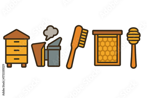 Essential beekeeping tools set with smoker brush honeycomb frame and honey dipper