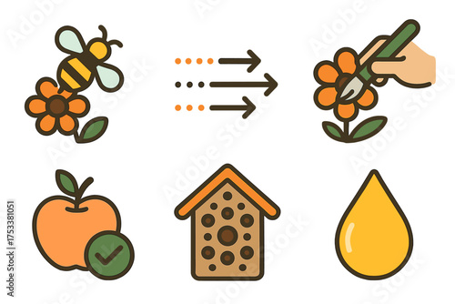Stylized icons depicting bee pollination stages from flower to fruit harvest