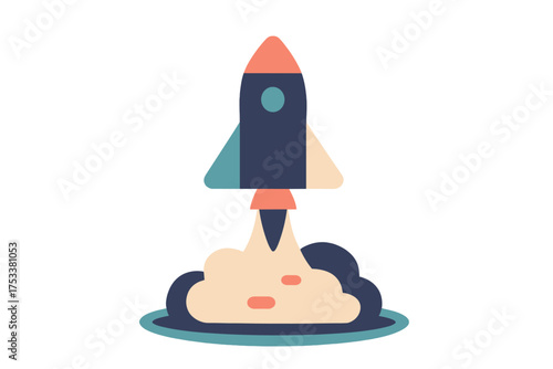 Stylized rocket taking off with bright exhaust cloud