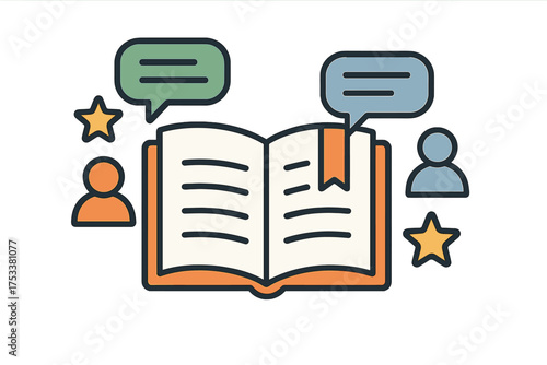 Open book displaying user feedback and communication icons