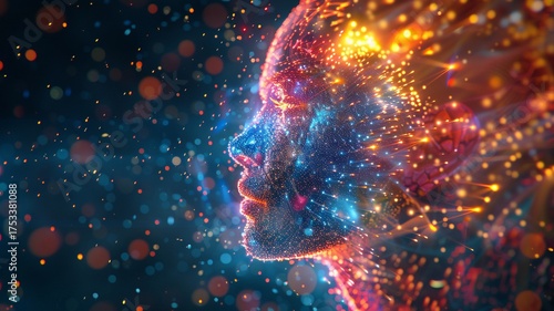 Abstract digital profile of a human face made of light particles and data streams, symbolizing consciousness, and advanced technology.