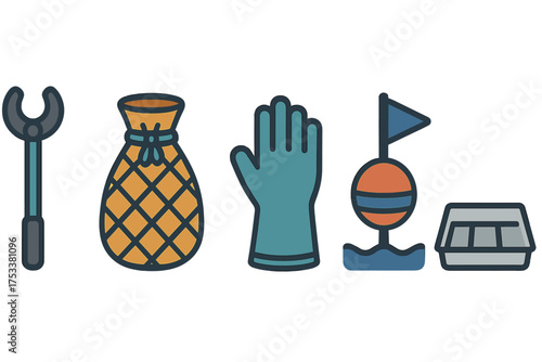 Set of fishing and marine gear icons featuring wrench, net bag, glove, buoy, and tackle box