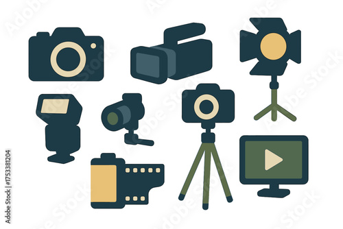Stylized icons for photography and videography tools in flat design style