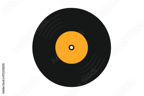 Black vinyl record with orange center label isolated on white background