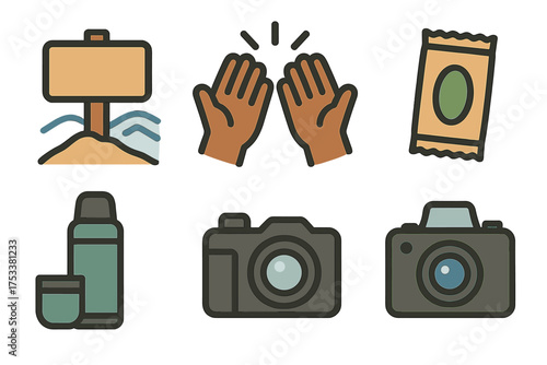 Set of travel and outdoor activity symbols featuring camera and thermos