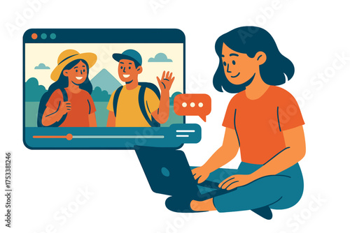 Young woman viewing travel video blog on computer screen