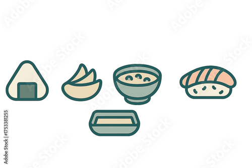Set of popular Japanese food icons including rice ball soup and sushi