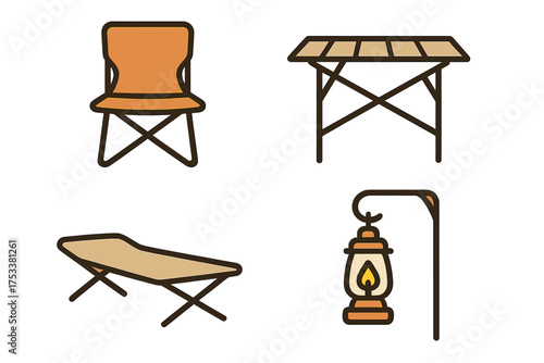 Camping furniture and lantern icons for outdoor recreation and travel