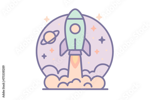 Cute cartoon rocket launching past planet and stars in space