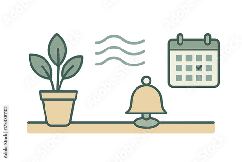 Plant care schedule and notification icons displayed on a shelf