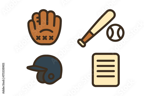 Set of baseball equipment icons featuring glove, bat, ball, and helmet