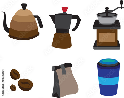 Hand draw coffee making accessories vector illustration. Minimalist colorful design. coffee bean, bag , blinder etc