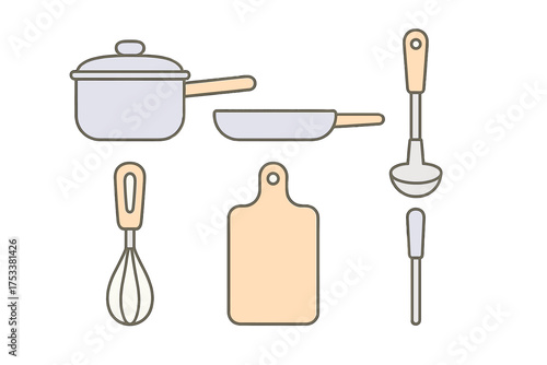 Simple icons of essential kitchen cooking utensils and cookware