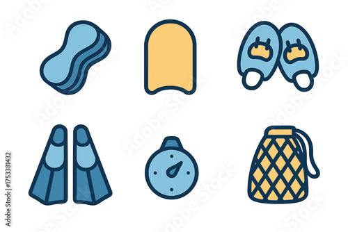 Set of stylized icons for swimming and aquatic sports equipment