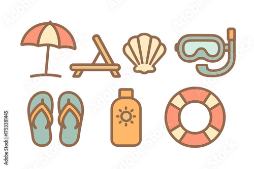 Stylized beach and summer vacation icons in muted color palette