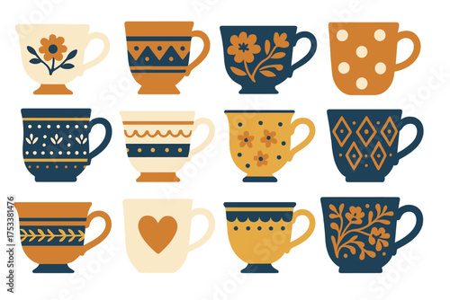 Twelve decorative ceramic coffee mugs featuring unique folk art patterns