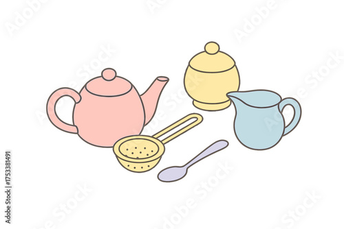 Pastel colored tea set items with strainer and small spoon