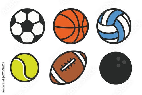 Set of six colorful sports balls: soccer, basketball, volleyball, tennis, football, and bowling
