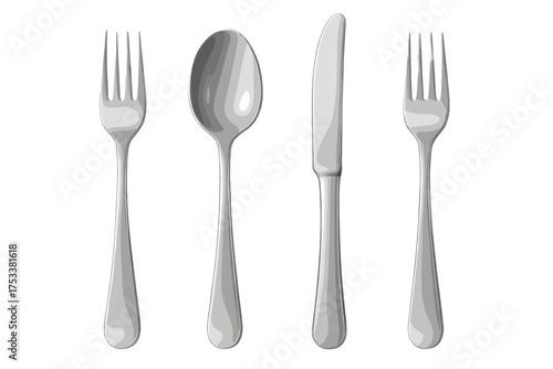 Realistic stainless steel silverware set including two forks, a spoon, and a table knife