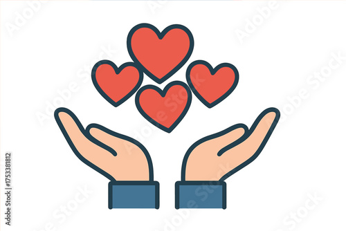 Cupped hands gently holding four vibrant red heart shapes symbolizing care and shared generosity
