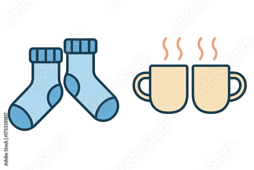 Pair of blue socks next to two steaming mugs representing comfort and warmth