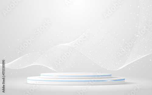 White podium with elegant white wave lines on the back for product presentation. Display of cosmetic products. Stage or podium. vector illustration	
