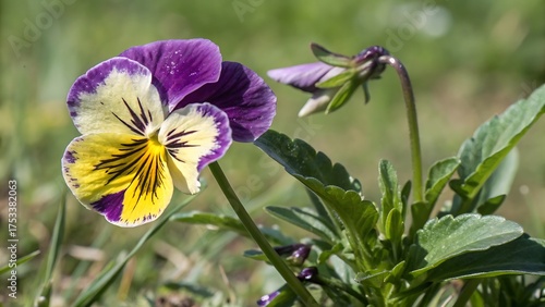 Vibrant Yellow Purple Pansy Flower Closeup Garden Bloom Springtime Nature Macro Photography image