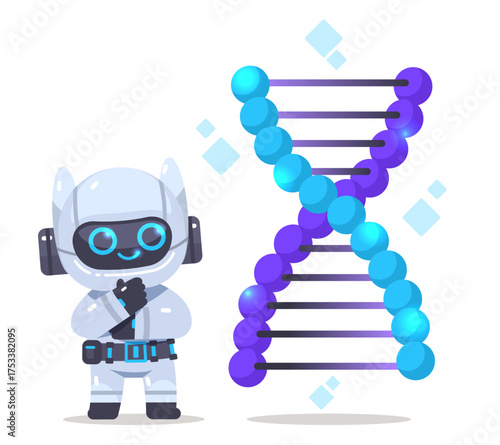 Cute science robot thoughtfully studies DNA. Genetic technology concept on isolated background