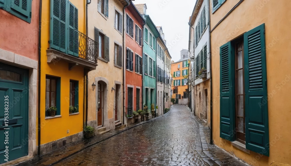 Fototapeta premium Colorful buildings line a narrow street with closed green shutters, creating a vibrant and charming urban scene.