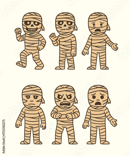 Set of cute cartoon mummy characters with different expressions and poses. Halloween illustration in flat vector style.