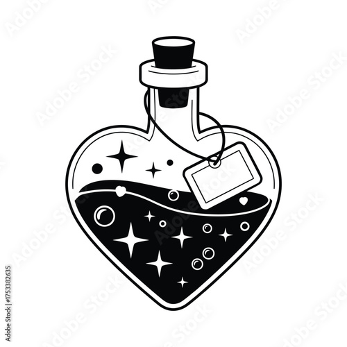 Whimsical heart shaped potion bottle filled with stars and bubbles