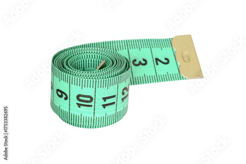 Closeup of green convolute measuring tape isolated on white or transparent background
