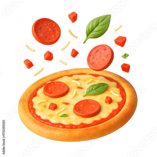 3D pizza with cheese, tomato, and pepperoni toppings
