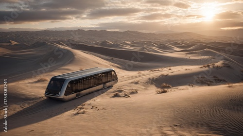 Fototapeta Naklejka Na Ścianę i Meble -  Futuristic solar-powered desert transport traversing vast sand dunes at sunset, showcasing sustainable travel and innovation