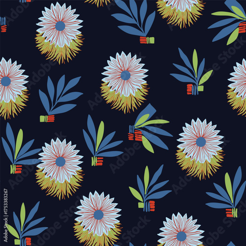 Beautiful pattern flower Daisy summer with tropical leaves. Vector tropic pattern. Vector illustration