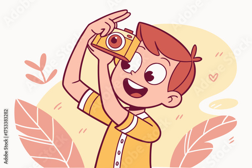 Cartoon boy happily taking picture with vintage camera