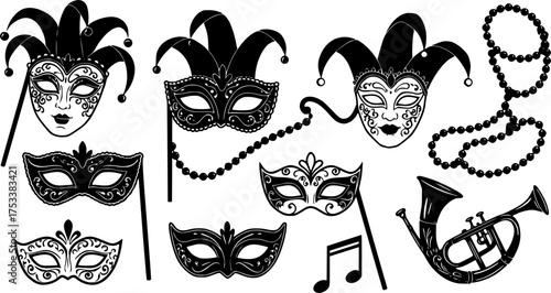 Mardi Gras Masquerade Silhouette Set: Carnival Mask, Beads, Festive, Jester, Venice, New Orleans Vector	