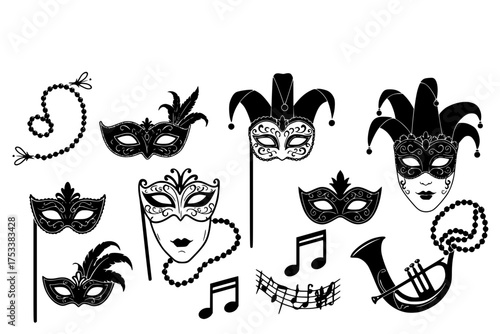 Mardi Gras Masquerade Silhouette Set: Carnival Mask, Beads, Festive, Jester, Venice, New Orleans Vector	