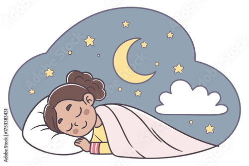 Young girl sleeping under a blanket with moon and stars