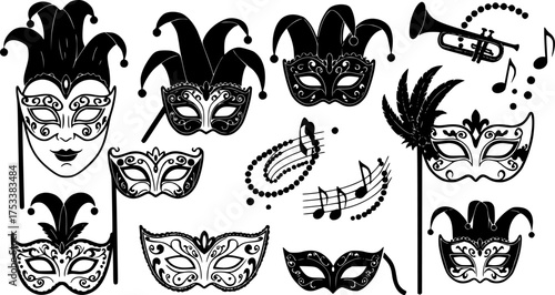 Mardi Gras Masquerade Silhouette Set: Carnival Mask, Beads, Festive, Jester, Venice, New Orleans Vector	
