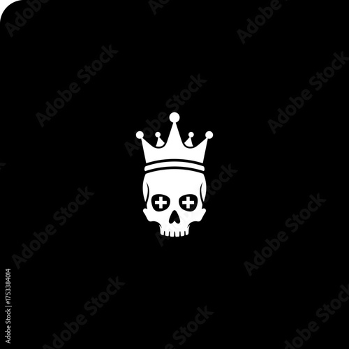 Skull icon wearing a crown, cross eyes, centered on black background
