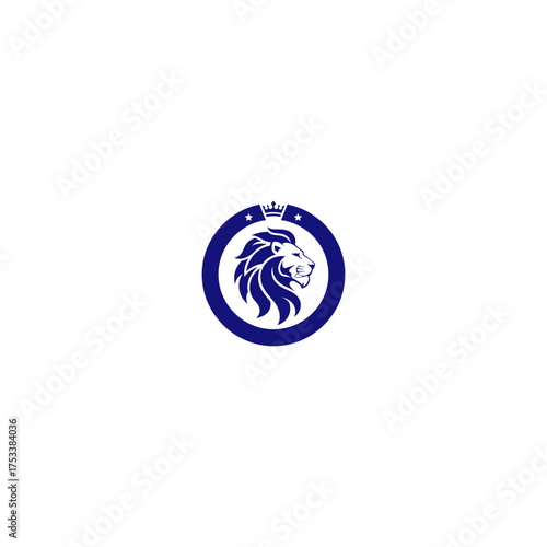 Navy lion head profile in circle frame, crown & stars above
