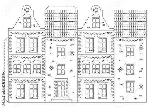Coloring page, paper game for kids. Cut and glue. Christmas house. Education for kids, papercraft, preschool worksheet activity. Vector illustration