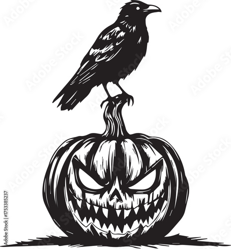 Black and white vector illustration of sinister carved pumpkin with crow perched on stem and jagged features